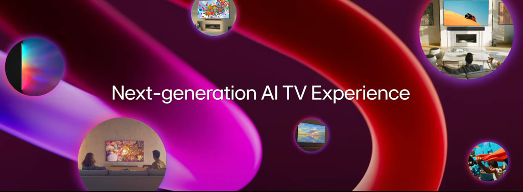 Pantalla que muestra el mensaje "Next-generation AI TV Experience" con imágenes circulares destacando televisores avanzados en diferentes entornos.